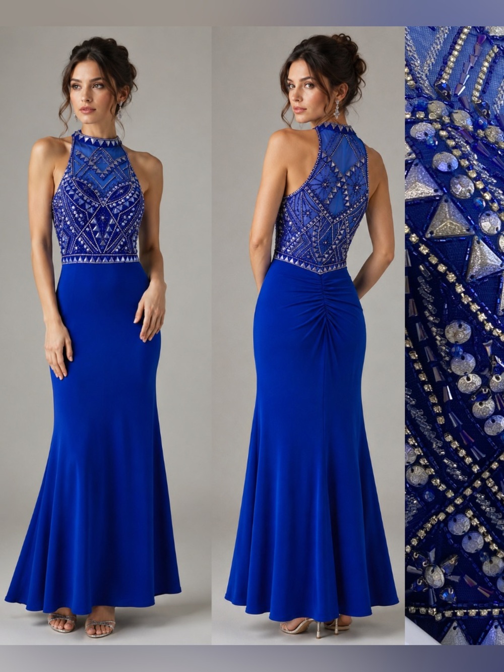 Camille La Vie Beaded Sequin Cobalt Blue Maxi Dress Gown Ruched Formal Glam Sz 4